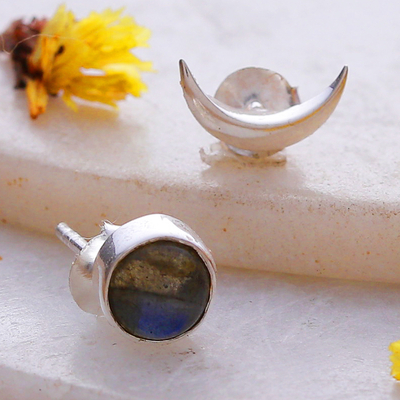 Labradorite Silver Mismatched Moon Themed Stud Earrings