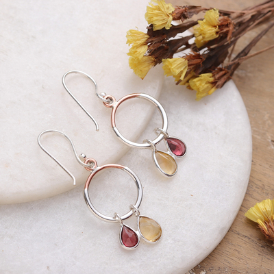 Two-Carat Citrine and Garnet Dangle Earrings from India