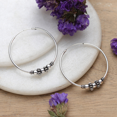Polished Sterling Silver Hoop Earrings with Oxidized Accents