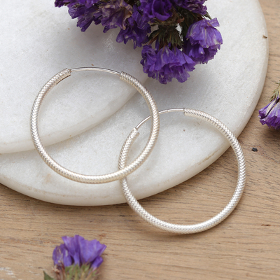 Textured Polished Sterling Silver Hoop Earrings from India