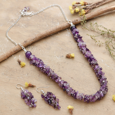 Classic Amethyst Beaded Necklace and Earrings Jewelry Set