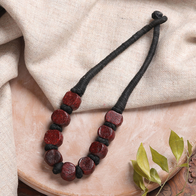 Handcrafted Maroon Haldu Wood Beaded Necklace from India