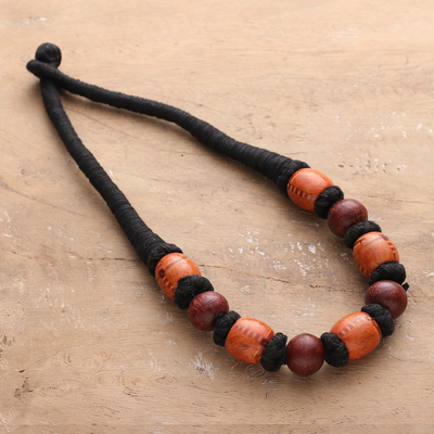 Bohemian Brown Haldu Wood Beaded Necklace with Cotton Cord