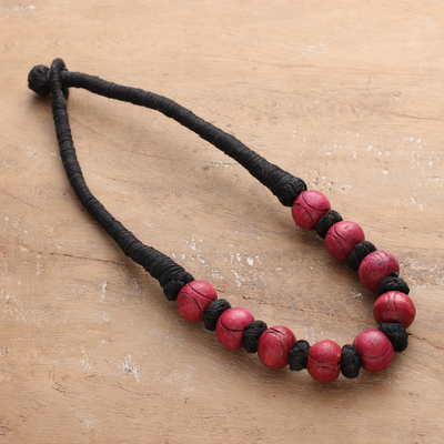 Bohemian Painted Fuchsia and Black Wood Beaded Necklace