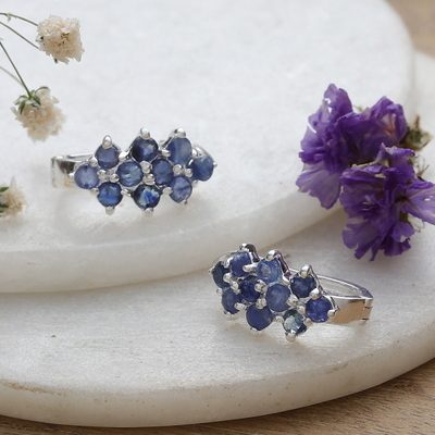 Blue Sapphire and Sterling Silver Half Hoop Earrings