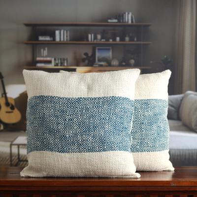 Diamond-Shaped Floral Blue Cotton Cushion Covers (Pair)