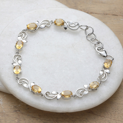 Rhodium-Plated and Eight-Carat Natural Citrine Link Bracelet