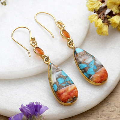Gold-Plated Carnelian and Recon Turquoise Dangle Earrings