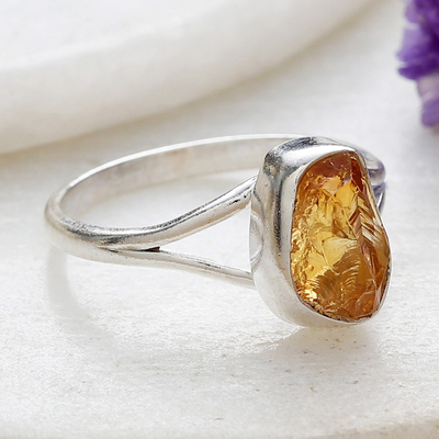 Sterling Silver Single Stone Ring with Freeform Citrine Gem