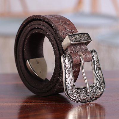 Classic Star-Themed Chocolate Leather Belt with Brass Buckle