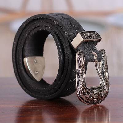 Classic Star-Themed Onyx Leather Belt with Brass Buckle