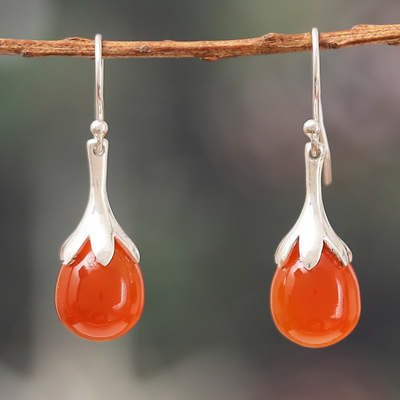 Polished Silver Dangle Earrings with Carnelian Stones