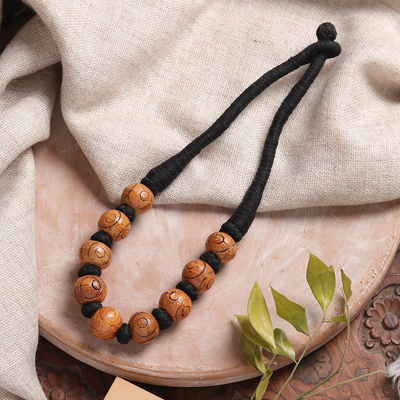 Bohemian Brown Black Wood Beaded Necklace with Cotton Cord