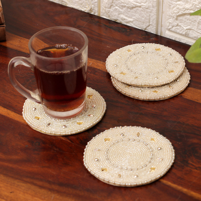 Set of 4 Handcrafted Round Ivory Glass Beaded Coasters