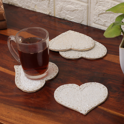 Set of 4 Handcrafted Heart-Shaped Glass Beaded Coasters