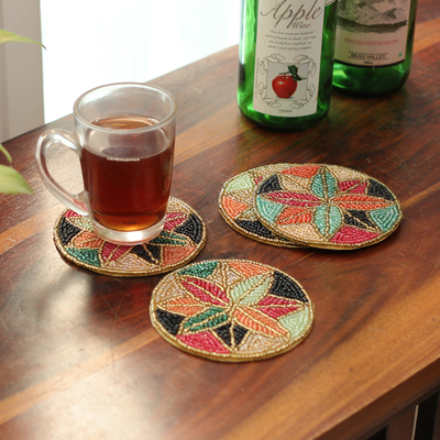 Set of 4 Mosaic-Inspired Colorful Glass Beaded Coasters