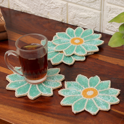 Set of 4 Flower-Shaped Turquoise Glass Beaded Coasters