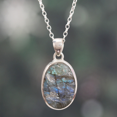 Sterling Silver Necklace with Freeform Labradorite Pendant