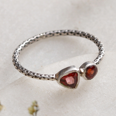 Dot-Accented Sterling Silver and Natural Garnet Band Ring