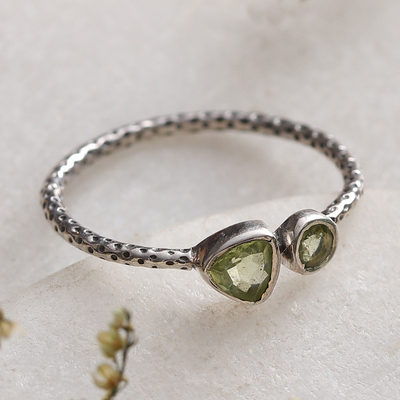 Dot-Accented Sterling Silver and Natural Peridot Band Ring