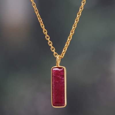 18k Gold-Plated Necklace with Rectangular Ruby Stone Pendant