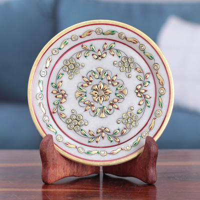 Handcrafted Floral Marble Decorative Plate With Stand