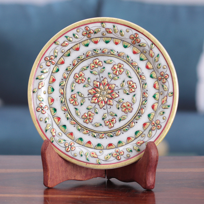 Floral Handcrafted Red and Green Marble Decorative Plate