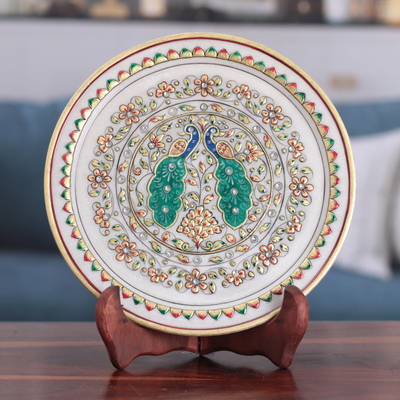 Peacock-Themed Floral Marble Decorative Plate from India