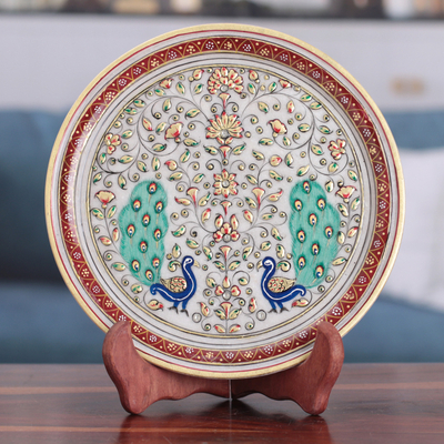 Floral Marble Decorative Plate with Hand-Painted Peacocks