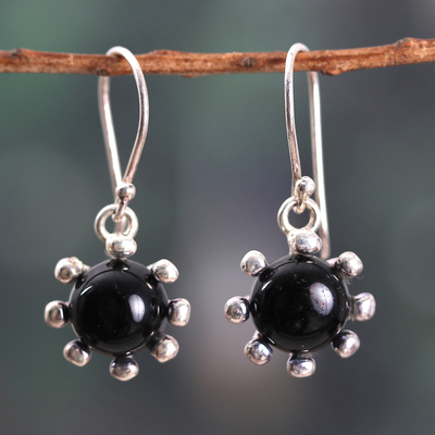 Sun-Themed Sterling Silver and Onyx Dangle Earrings