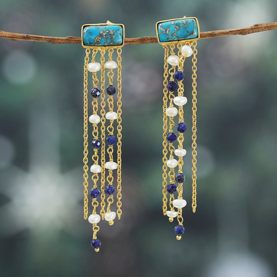18k Gold-Plated Lapis Lazuli and Pearl Waterfall Earrings