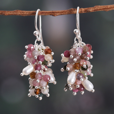 Polished Tourmaline and Cultured Pearl Cluster Earrings