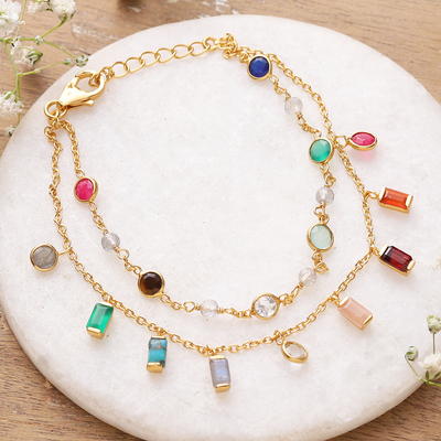 18k Gold-Plated Multi-Gemstone Charm Strand Bracelet