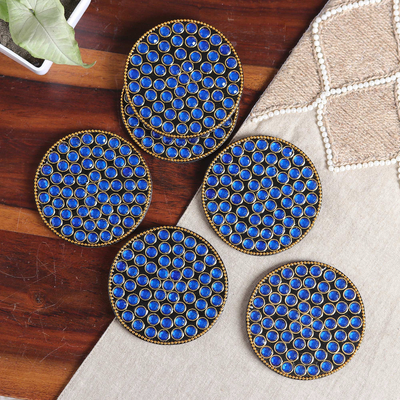 Set of 6 Blue Beaded Wood and Resin Coasters from India