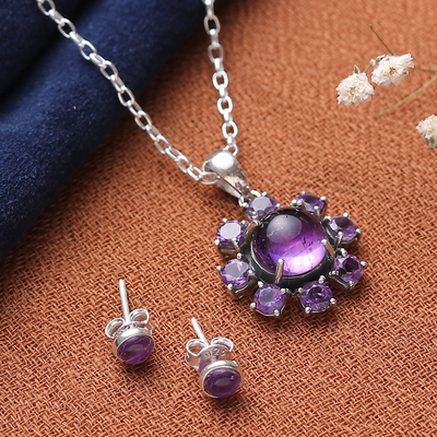 Polished Sun-Themed Amethyst Jewelry Set from India