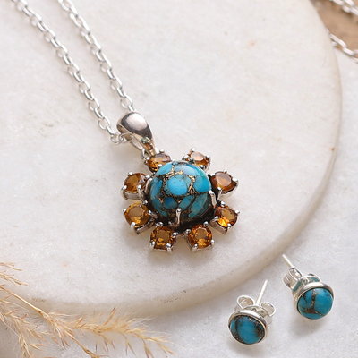 Sun-Themed Composite Turquoise and Citrine Jewelry Set