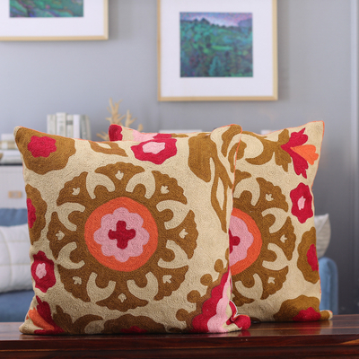 Floral-Patterned Green and Red Cotton Cushion Covers (Pair)