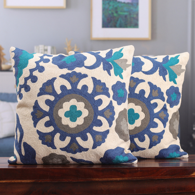 Floral-Patterned Blue and Grey Cotton Cushion Covers (Pair)