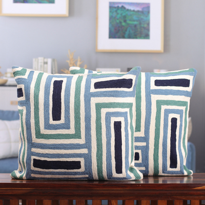 Geometric-Themed Blue and Green Cotton Cushion Covers (Pair)