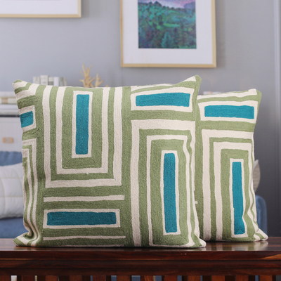 Geometric-Themed Green Cotton Cushion Covers (Pair)