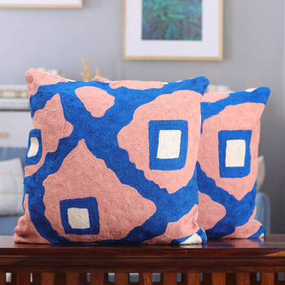 Abstract-Themed Blue and Peach Cotton Cushion Covers (Pair)