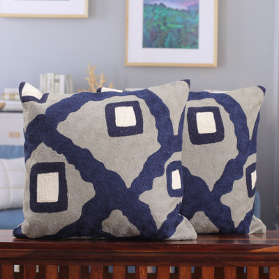 Abstract-Themed Navy and Grey Cotton Cushion Covers (Pair)