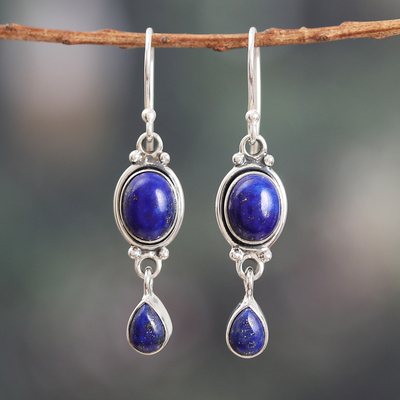 Polished Lapis Lazuli Cabochon Dangle Earrings from India