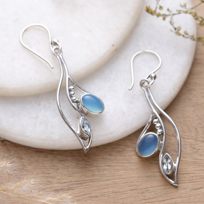 Leafy Chalcedony and Blue Topaz Dangle Earrings from India