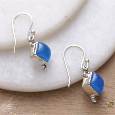 Polished Chalcedony Cabochon Dangle Earrings from India