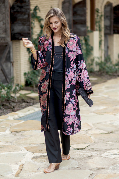 Floral and Leaf-Themed Kimono Jacket with Sequin Embroidery