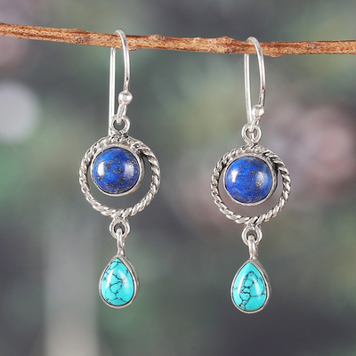 Classic Lapis Lazuli and Calcite Dangle Earrings from India