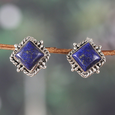 Lapis Lazuli Cabochon and Sterling Silver Button Earrings