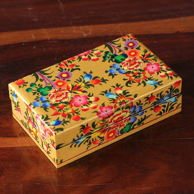 Floral Hand-Painted Yellow Papier Mache Decorative Box