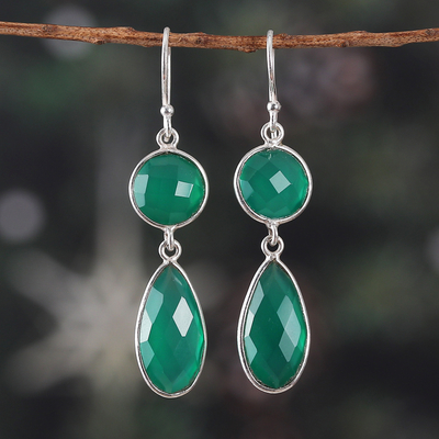 Sterling Silver Dangle Earrings with Green Onyx Stones